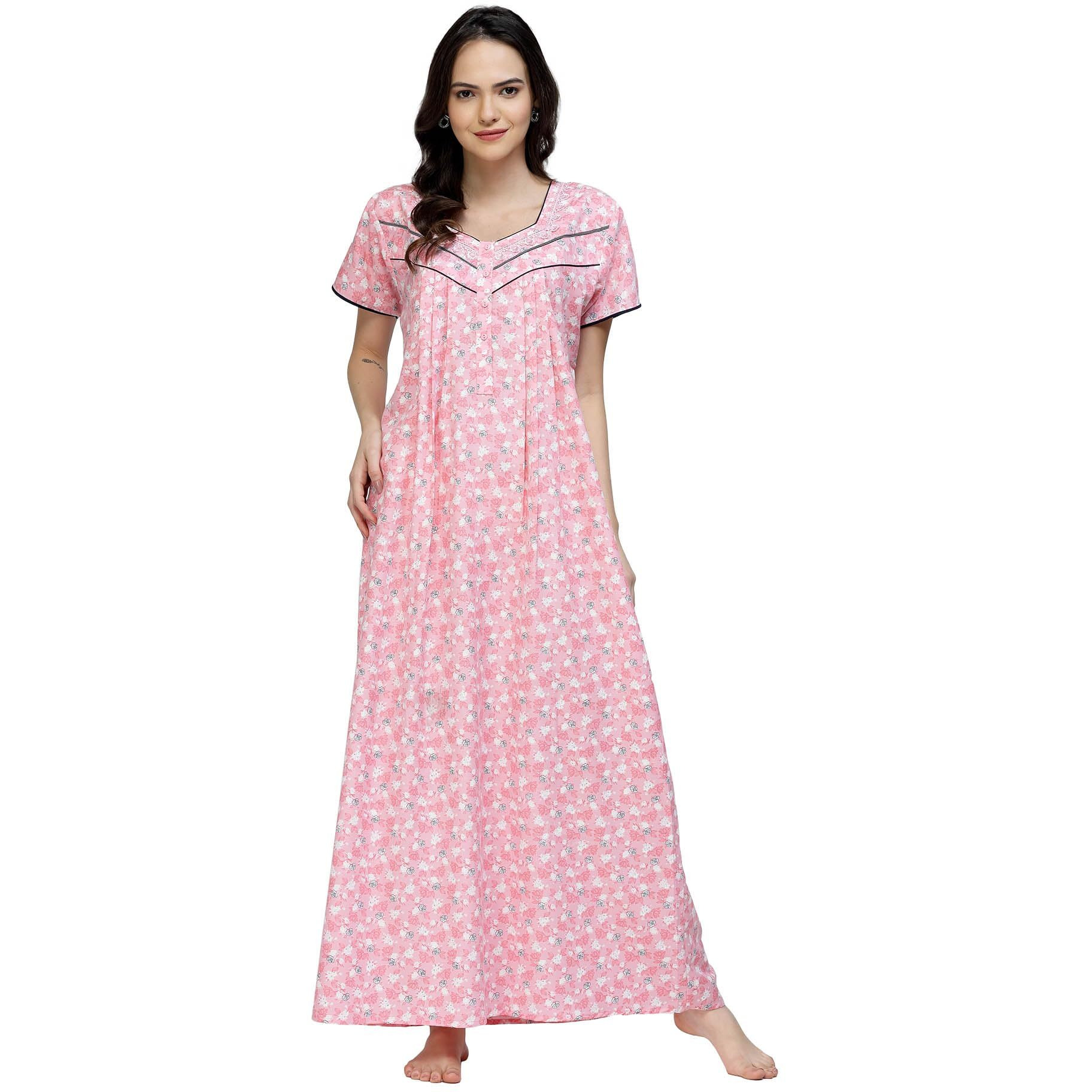 Sweet Dreams Women Floral Print Pink Half Sleeves Pure Cotton Maxi Nightdress