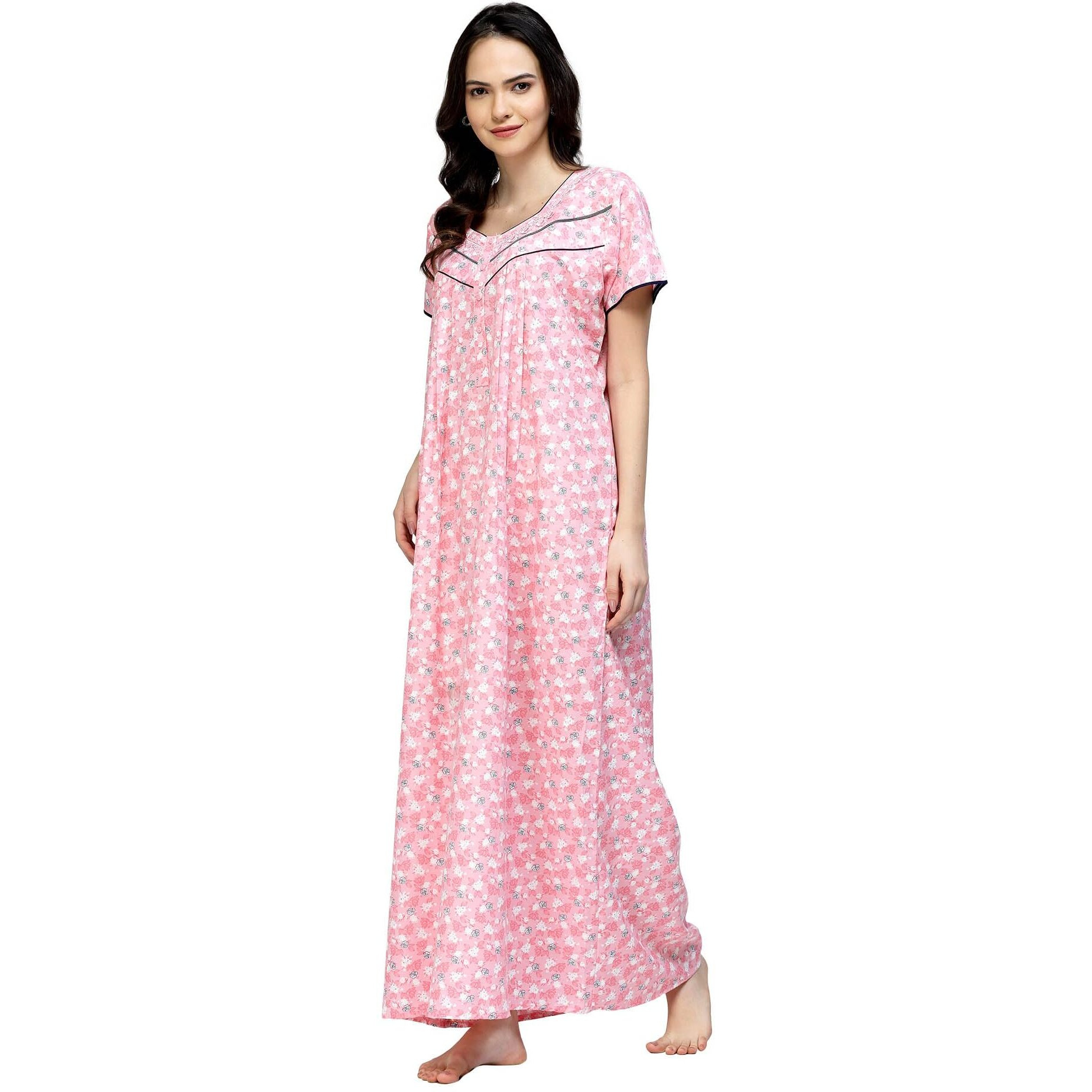 Sweet Dreams Women Floral Print Pink Half Sleeves Pure Cotton Maxi Nightdress