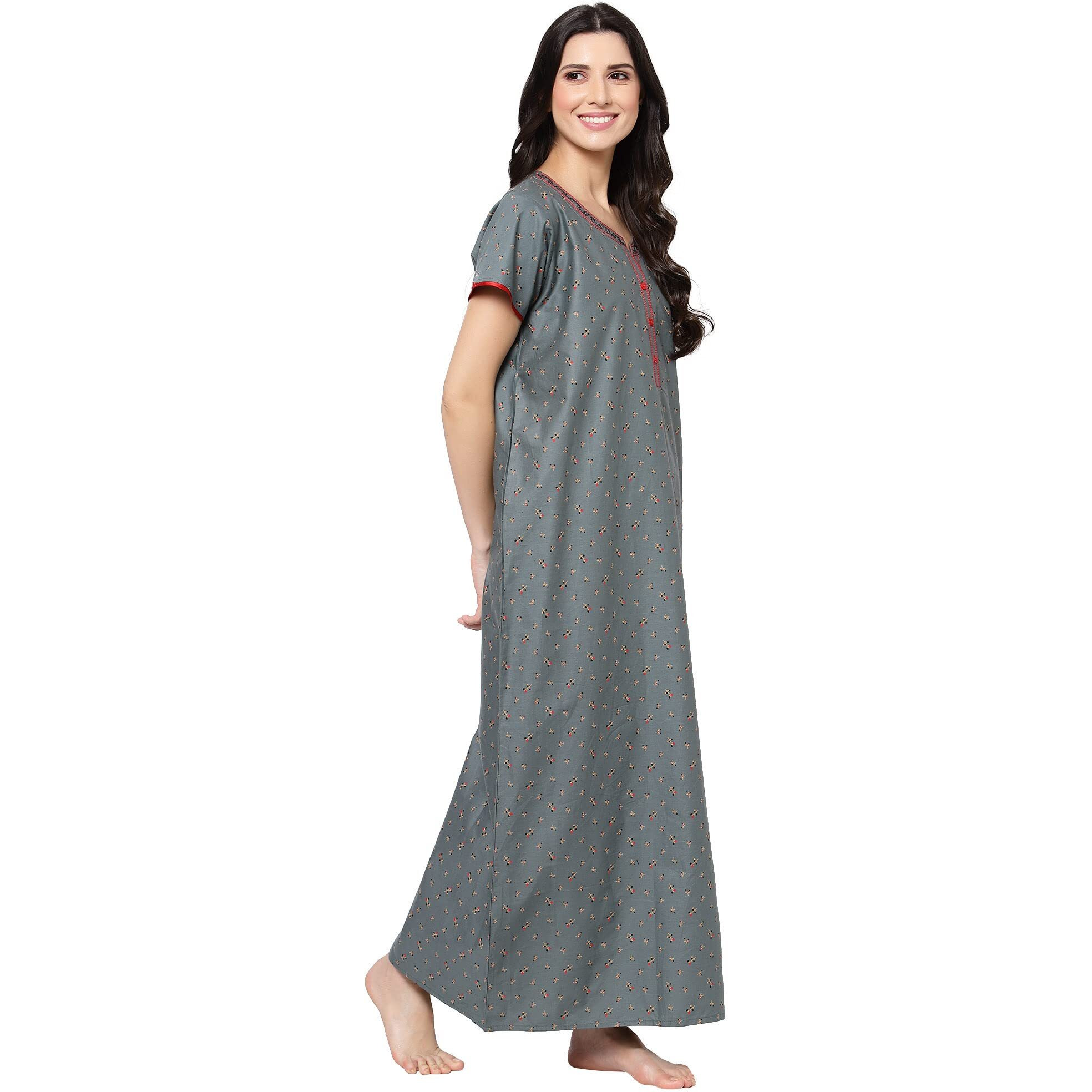 Sweet Dreams Women Printed Half Sleeve Round Neck 100% Pure Cotton Maxi Long Nighty-Grey-2Xl Khaki