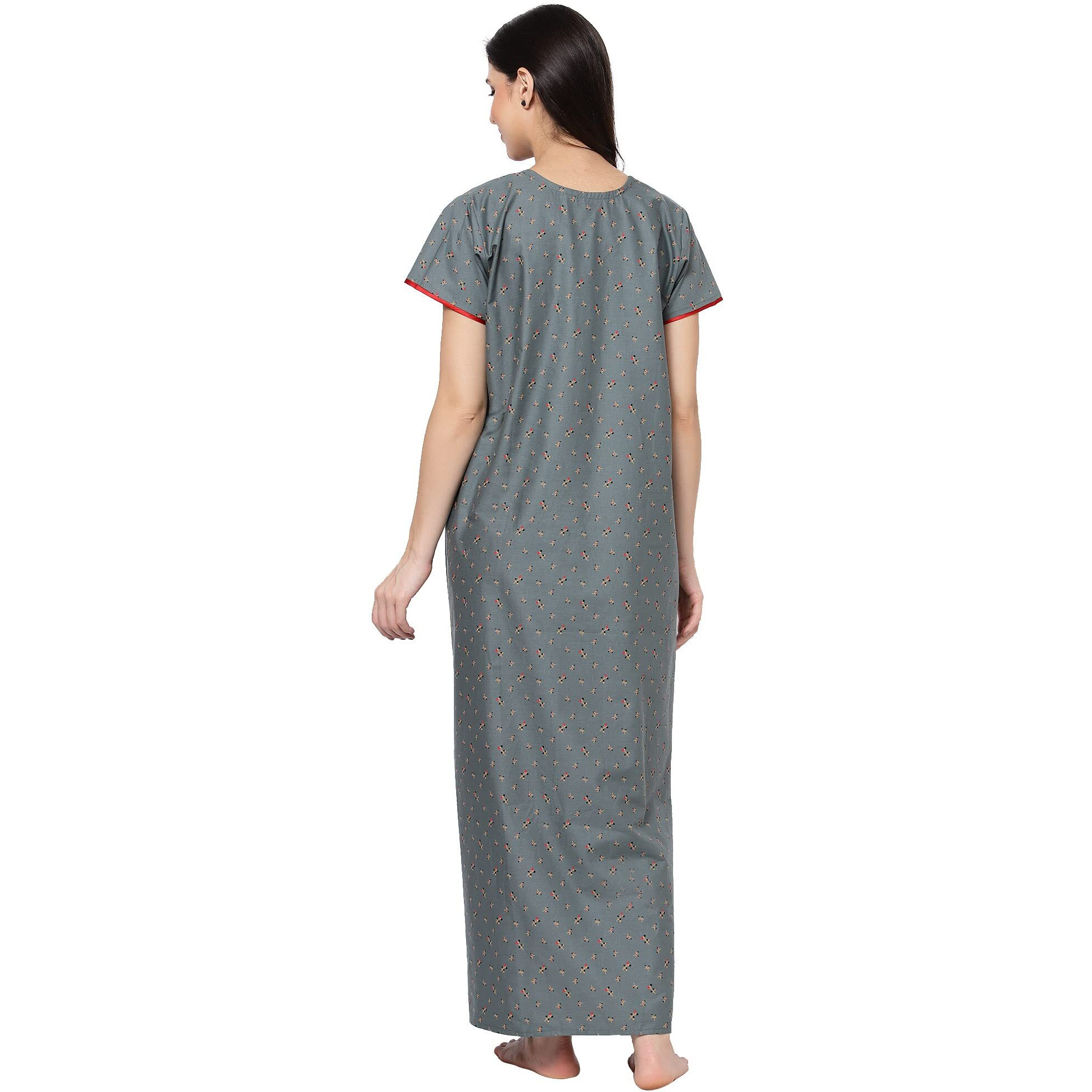 Sweet Dreams Women Printed Half Sleeve Round Neck 100% Pure Cotton Maxi Long Nighty-Grey-2Xl Khaki