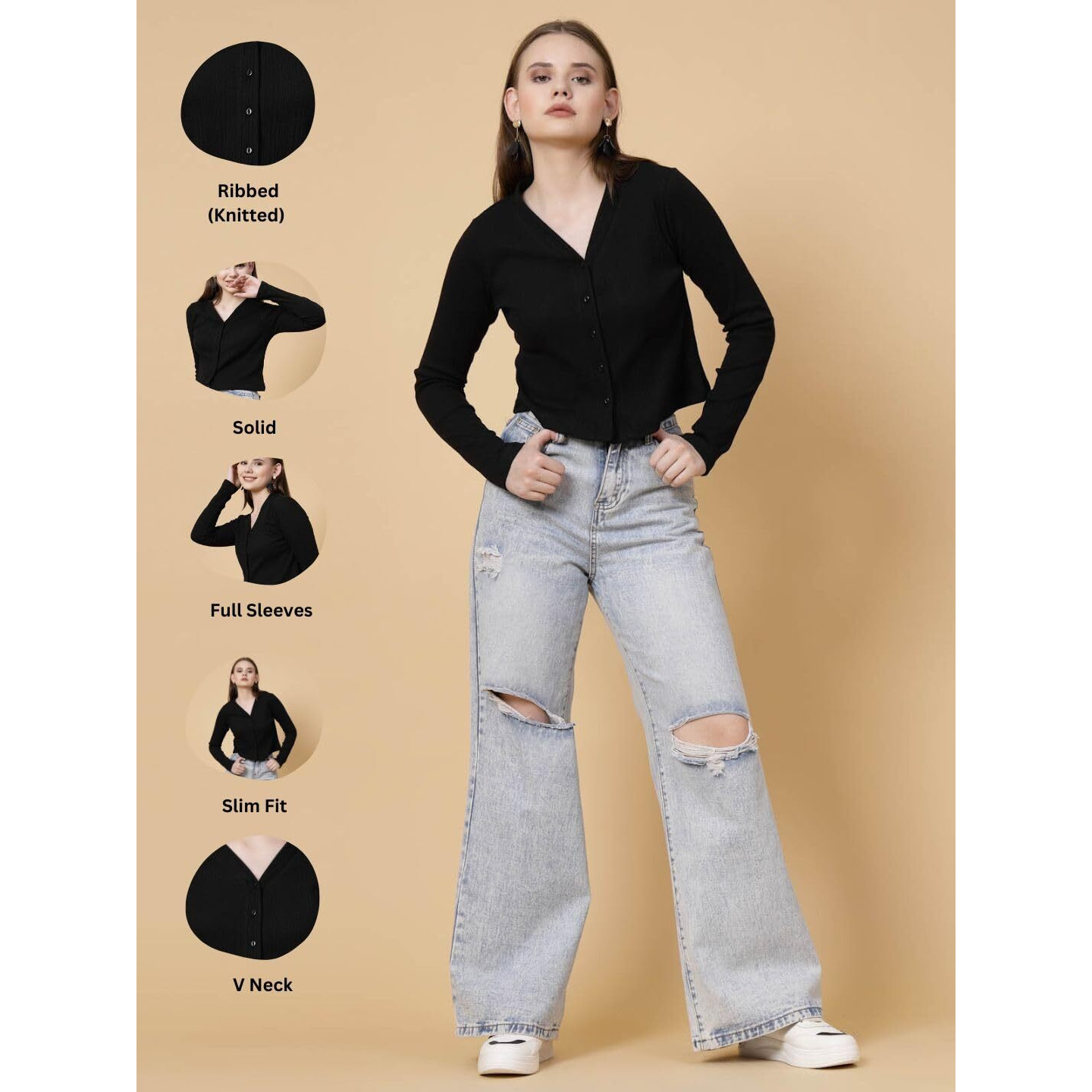 Rigo Casual Wear V Neck Rib Knit Top For Women | Slim Fit Long Sleeves Western Tops For Women