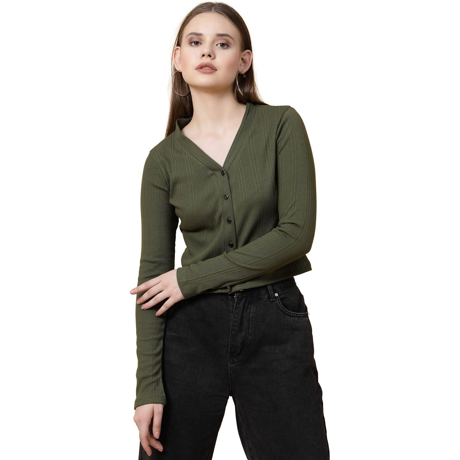 Rigo Casual Wear V Neck Rib Knit Top For Women | Slim Fit Long Sleeves Western Tops For Women
