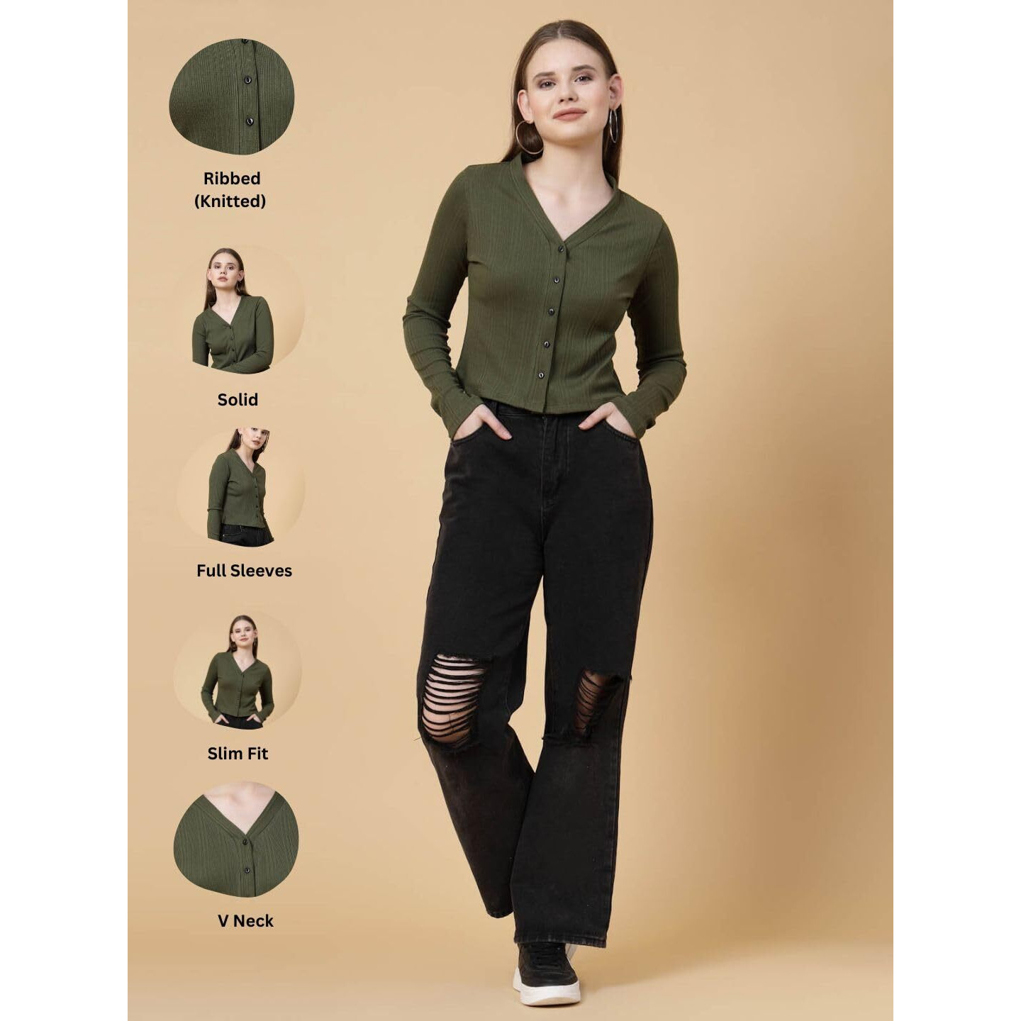 Rigo Casual Wear V Neck Rib Knit Top For Women | Slim Fit Long Sleeves Western Tops For Women
