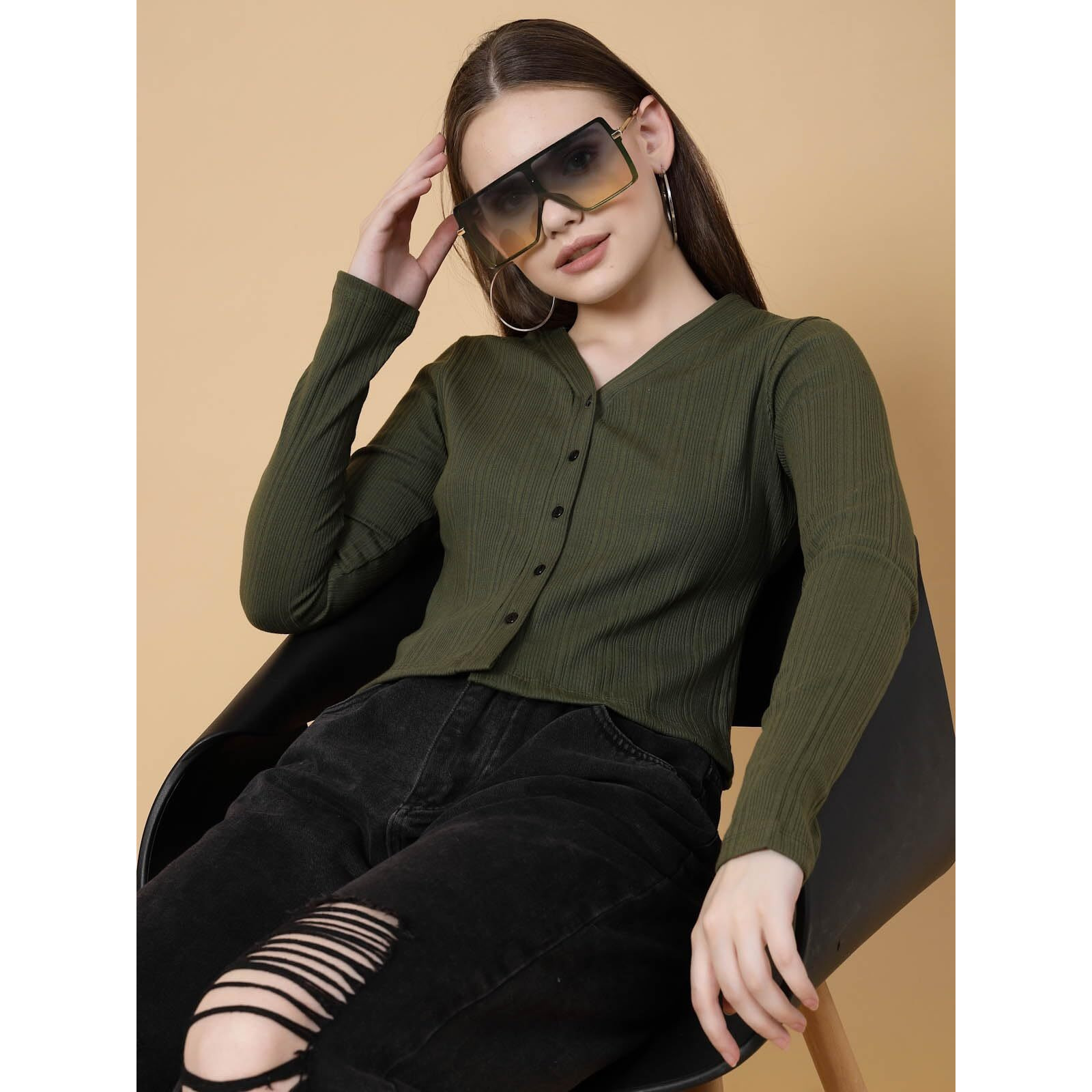 Rigo Casual Wear V Neck Rib Knit Top For Women | Slim Fit Long Sleeves Western Tops For Women