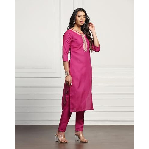 Tadkee Women Kurti And Pant Set With Embroidery Work (Fn-Kurti-Pant-Line-Work-113-Ranipink-Xxl)