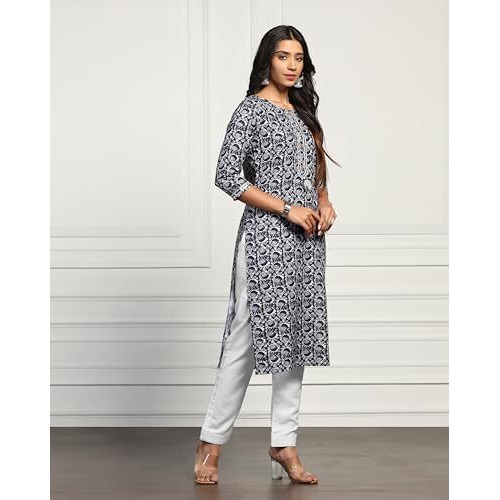 Tadkee Women Cotton Blend Printed Kurta With Pant (Nx-Kurti-Pant-Round-111-Grey-M)
