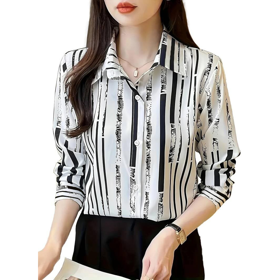 Tadkee Women Cotton Blend Striped Regular Fit Shirt (Fn-Collar-138-Black-S_Black