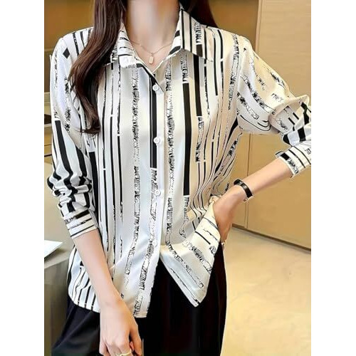 Tadkee Women Cotton Blend Striped Regular Fit Shirt (Fn-Collar-138-Black-S_Black