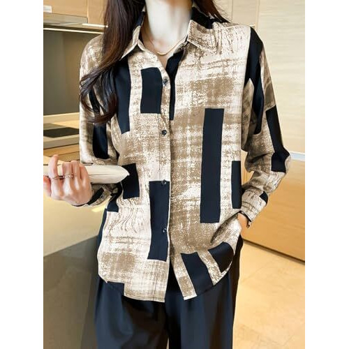 Tadkee Women Cotton Blend Geometric Regular Fit Shirt (Fn-Collar-Shirt-138-Brown-L_Brown