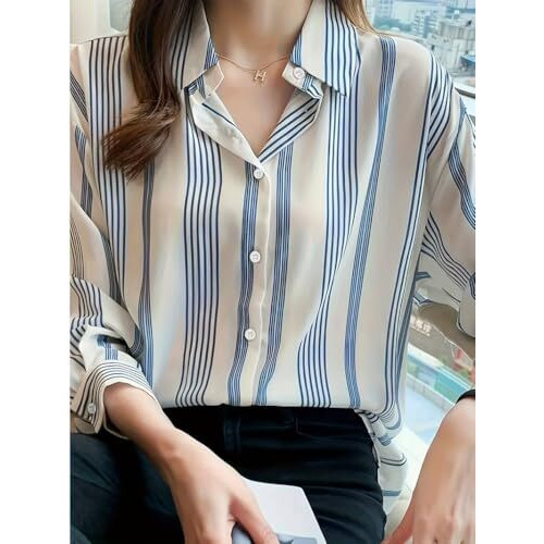 Tadkee Women Cotton Blend Striped Regular Fit Shirt (Fn-Collar-138-Blue-S_Blue