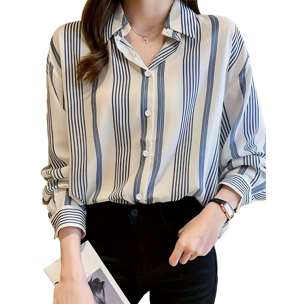 Tadkee Women Cotton Blend Striped Regular Fit Shirt (Fn-Collar-138-Blue-Xl_Blue