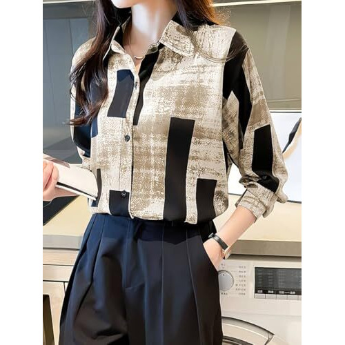 Tadkee Women Cotton Blend Geometric Regular Fit Shirt (Fn-Collar-Shirt-138-Brown-M_Brown