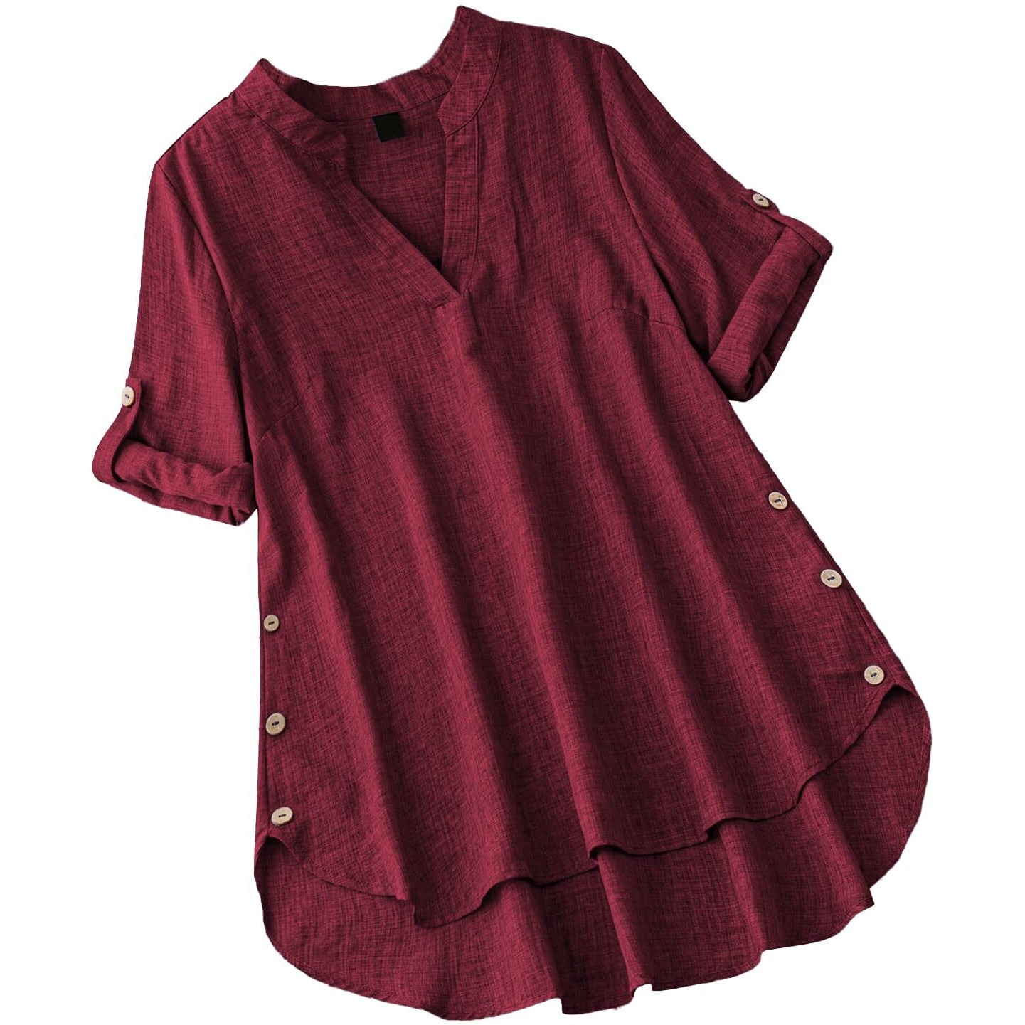 Tadkee Women Linen Solid Regular Fit Tunic Top (Fn-V-Flared-Tunic-137-Maroon-L_Maroon L)