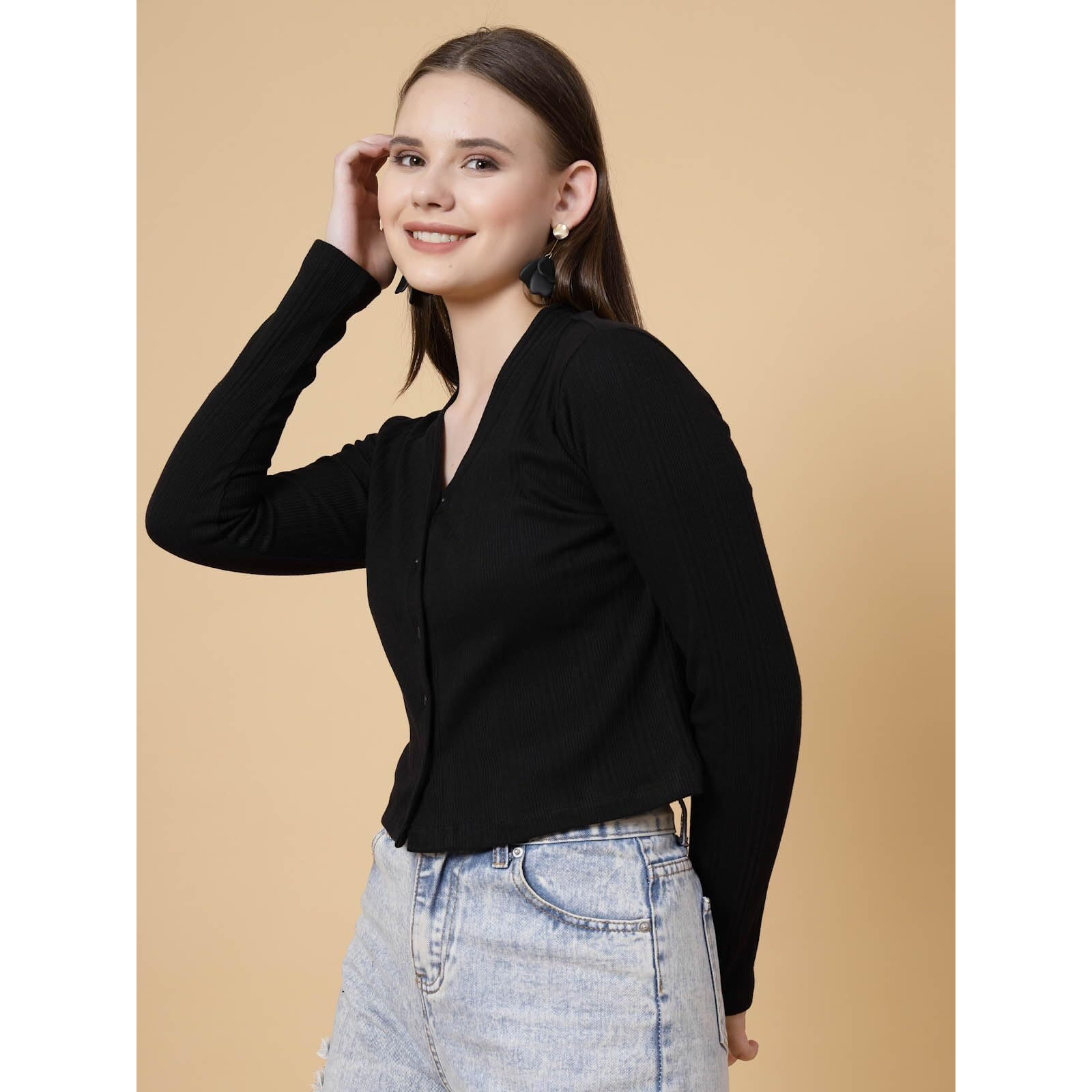 Rigo Casual Wear V Neck Rib Knit Top For Women | Slim Fit Long Sleeves Western Tops For Women