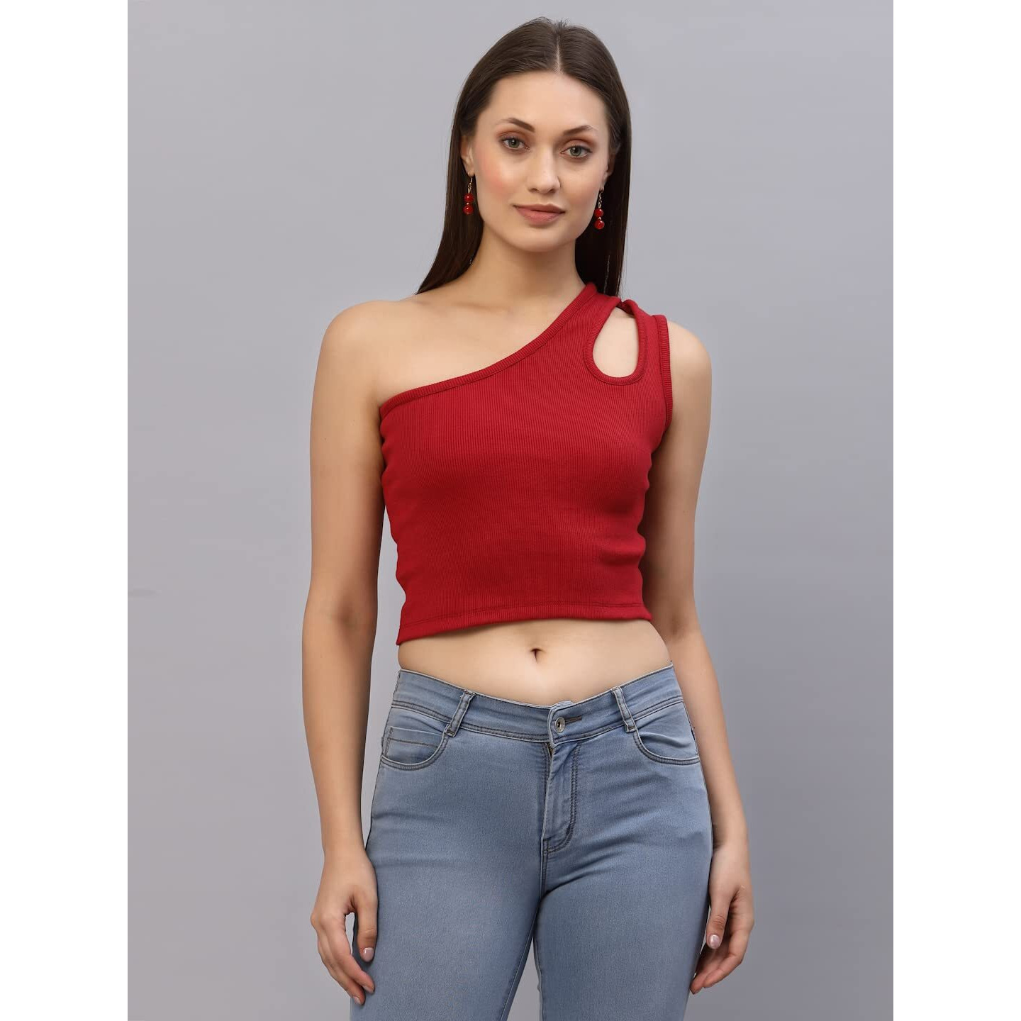 Rigo Casual Solid Women Red Top | Ribbed One Shoulder Crop Top | Casual Crop Top For Women | Casuals For Women (Size-L)