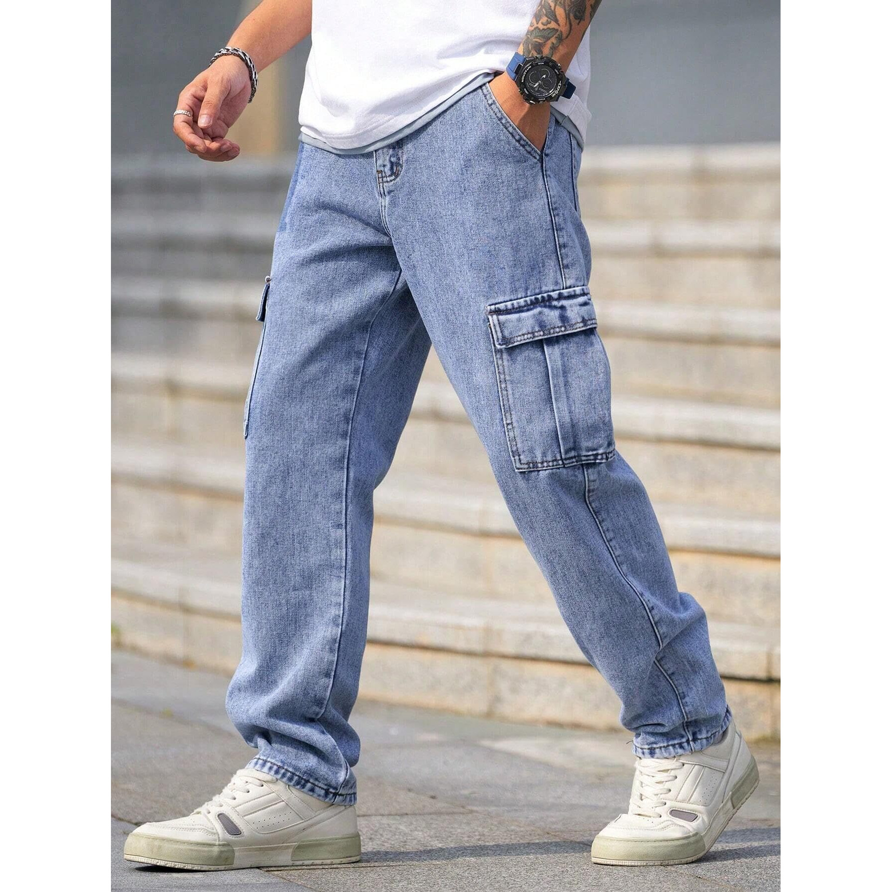 Men Loose Fit Men's Flip Pocket Cargo || Mens Stylish Cotton Loose Fit Denim Cargo Jeans || Multi-Pocket Styling || Perfect For Casual Fashion || Comfortable Classic Men's Outerwear (Mdj-3)