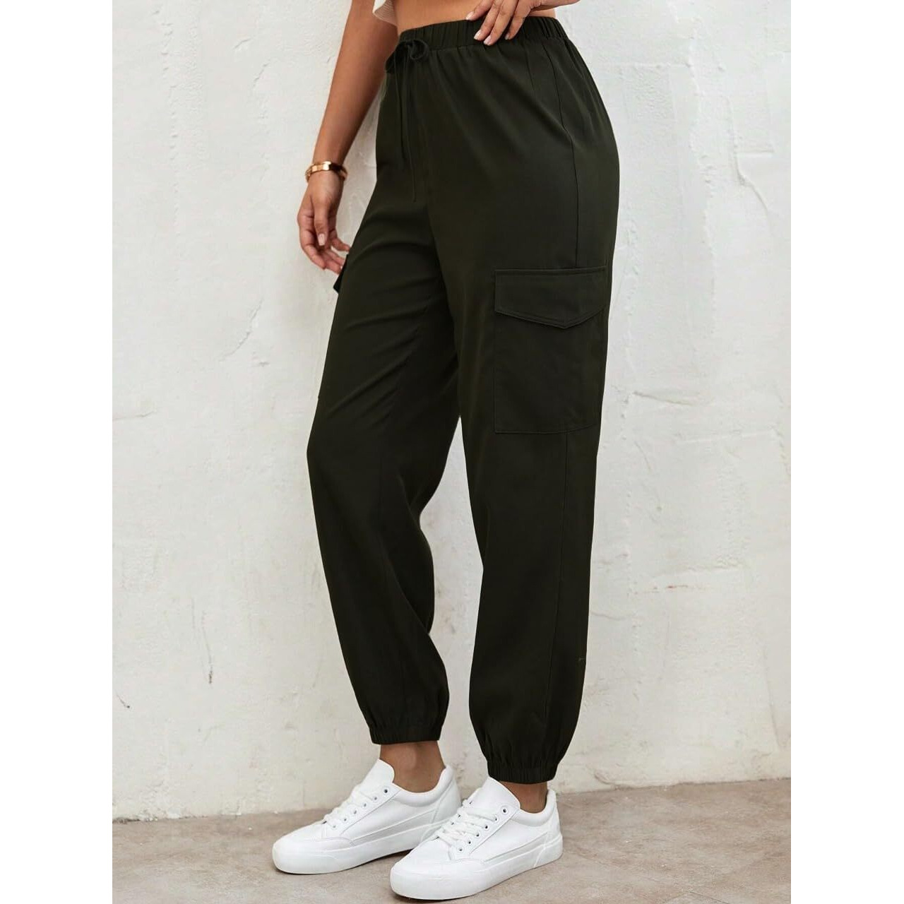 Tagas Women Solid Mid Rise Flap Pocket Side Drawstring Waist Cargo Pants || Cargo Green, 28