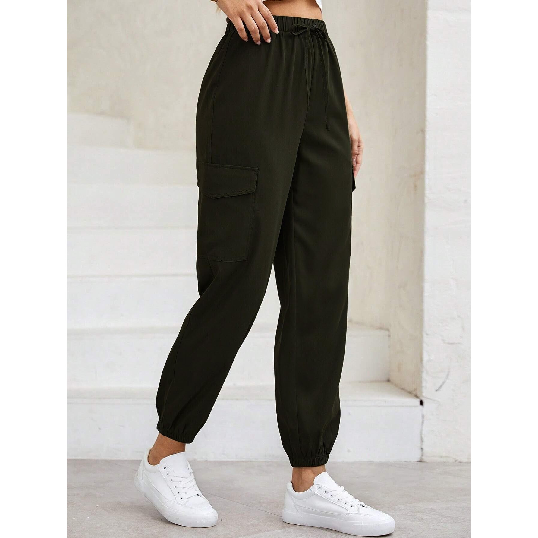 Tagas Women Solid Mid Rise Flap Pocket Side Drawstring Waist Cargo Pants || Cargo Green, 28