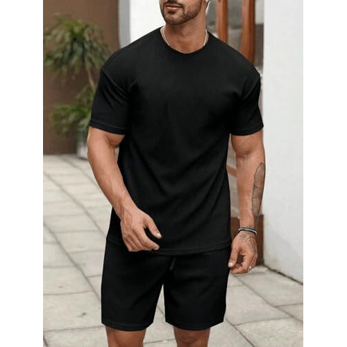 Shienzy Men's Casual Solid Printed Night Suit Co-Ord Set || T-Shirt And Shorts Nightwear Set || Sleepwear/Loungewear For Regular Wear (1162Shz_Bk_3Xl) Black