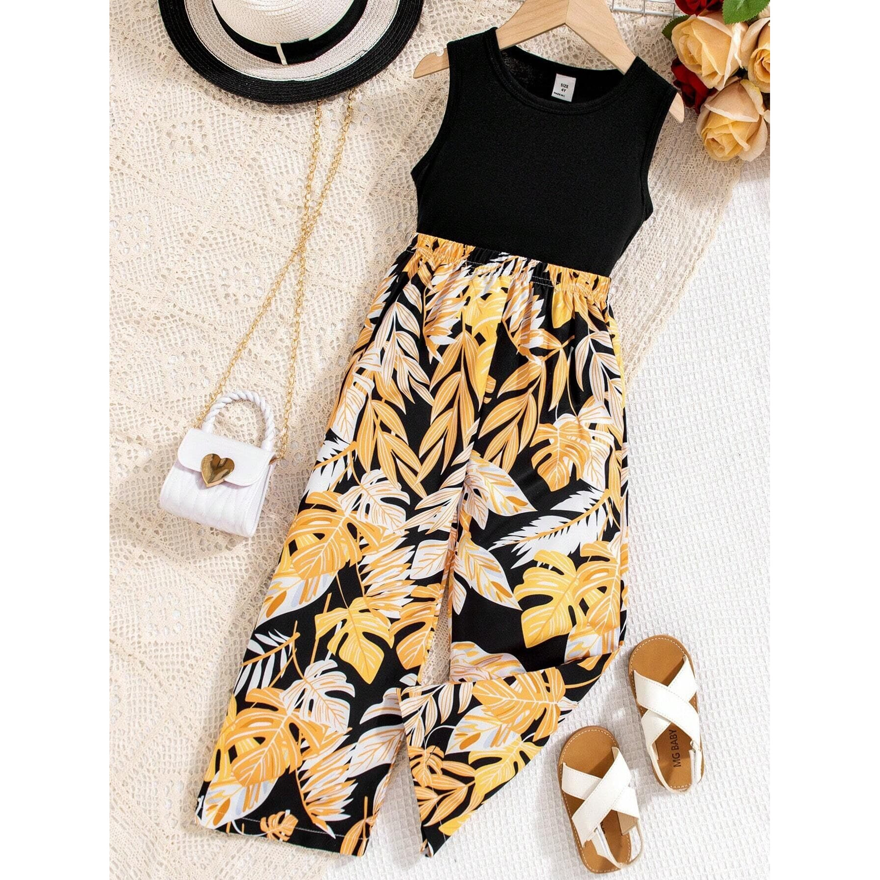 Tagas Girls Solid Tank Top & Floral Print Wide Leg Pants || Coordinated_Outfit For Girls || Girls Cloth Set ||