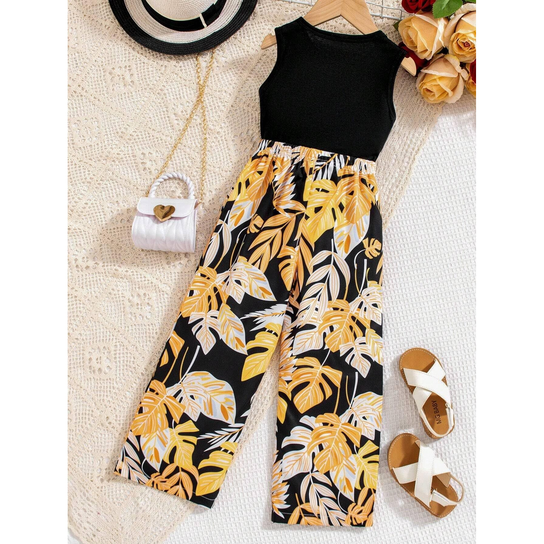 Tagas Girls Solid Tank Top & Floral Print Wide Leg Pants || Coordinated_Outfit For Girls || Girls Cloth Set ||