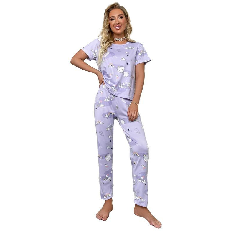 Smowkly Printed Round Neck Short Sleeve Night Suit Set For Women  Soft Pajama Set | Comfortable Cotton Blend Night Dress & Sleepwear | Pyjama Set | Cord Set For Women's | Lower T-Shirt For Women