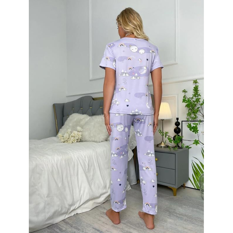 Smowkly Printed Round Neck Short Sleeve Night Suit Set For Women  Soft Pajama Set | Comfortable Cotton Blend Night Dress & Sleepwear | Pyjama Set | Cord Set For Women's | Lower T-Shirt For Women