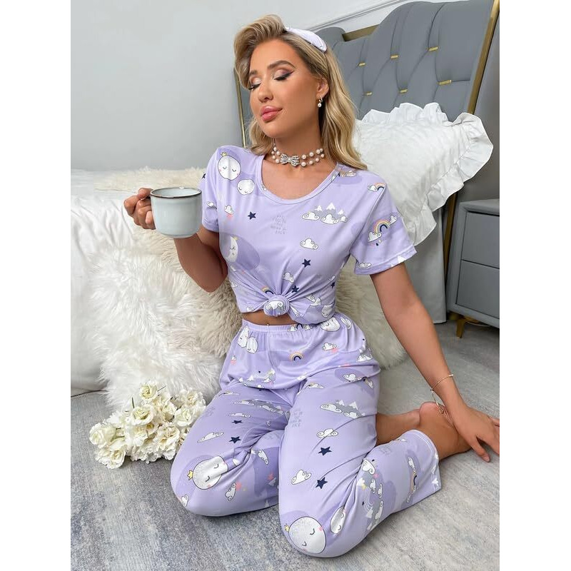 Smowkly Printed Round Neck Short Sleeve Night Suit Set For Women  Soft Pajama Set | Comfortable Cotton Blend Night Dress & Sleepwear | Pyjama Set | Cord Set For Women's | Lower T-Shirt For Women