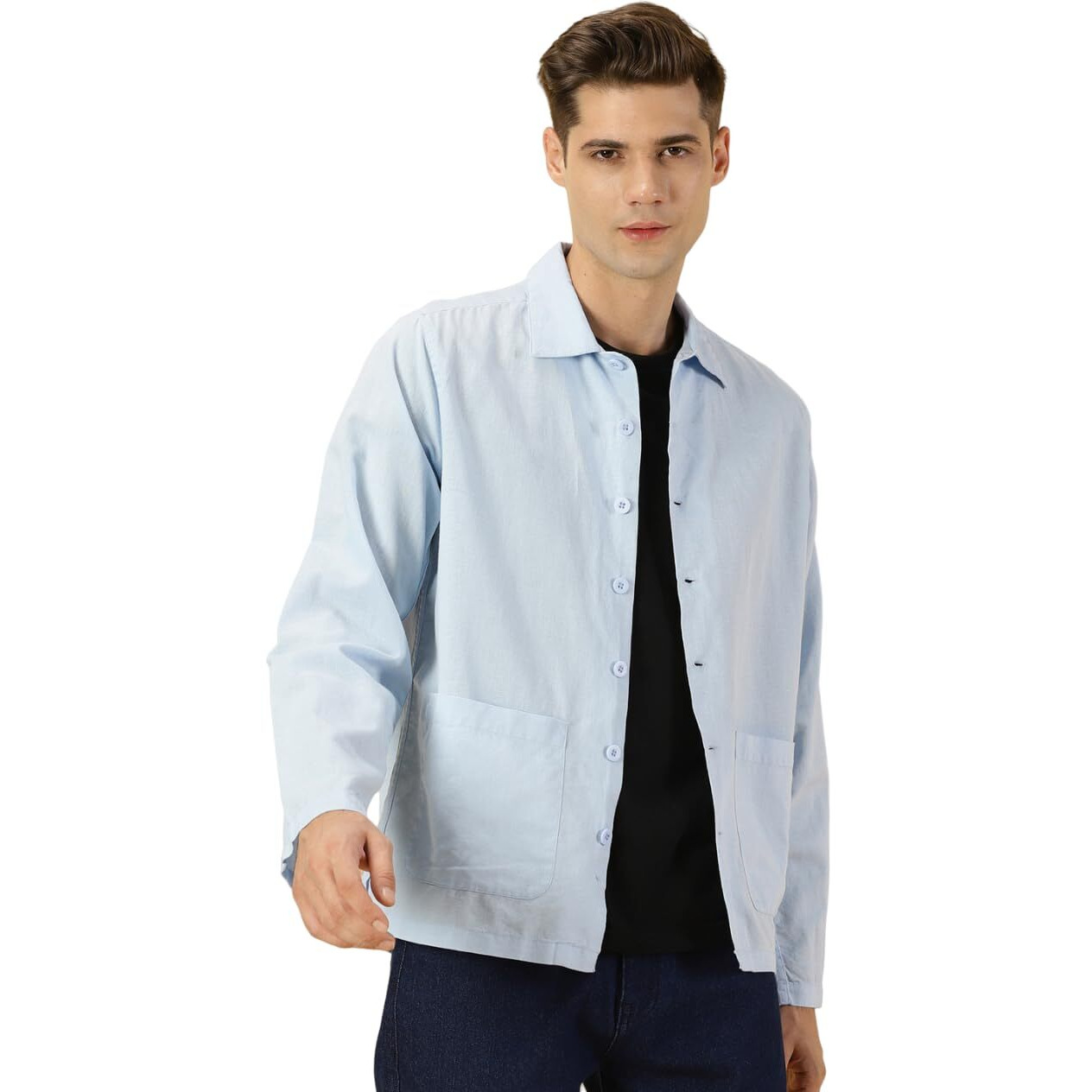 Thomas Scott Oversized Linen Double Pocket Solid Shirts For Mens Blue