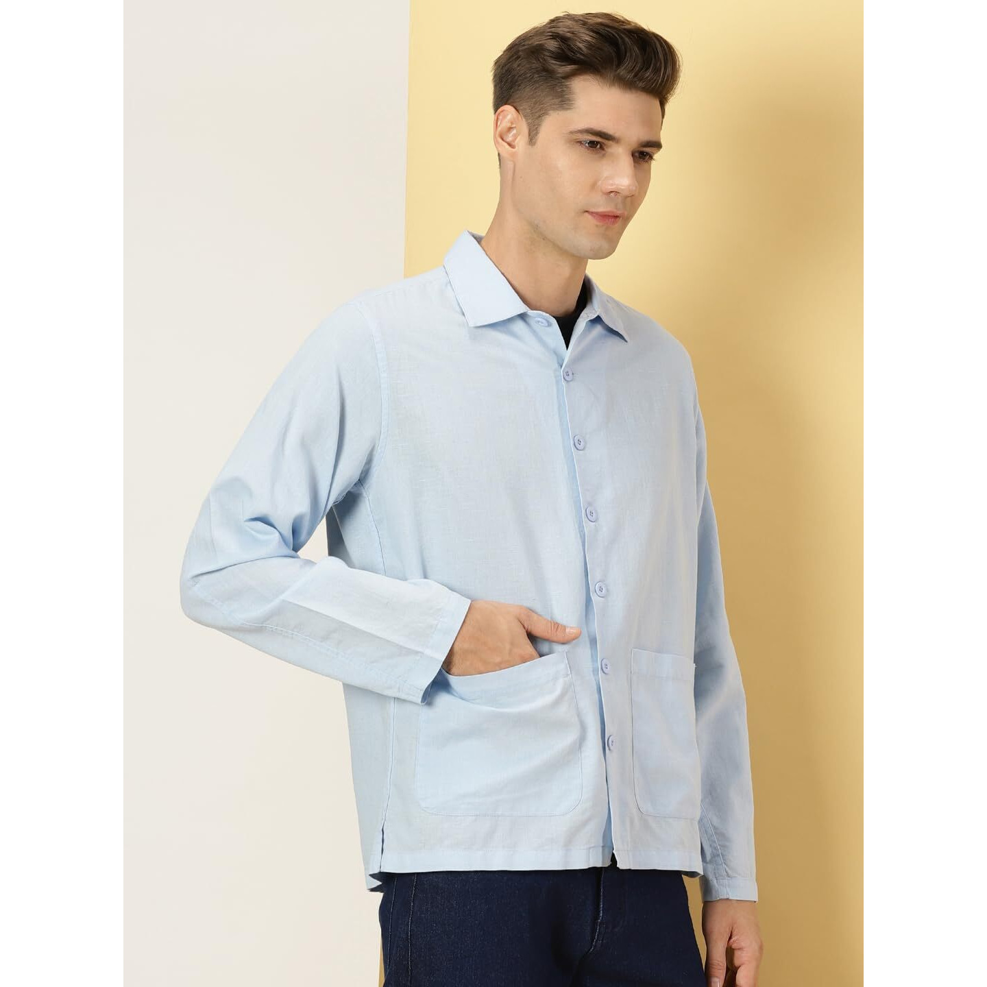 Thomas Scott Oversized Linen Double Pocket Solid Shirts For Mens Blue