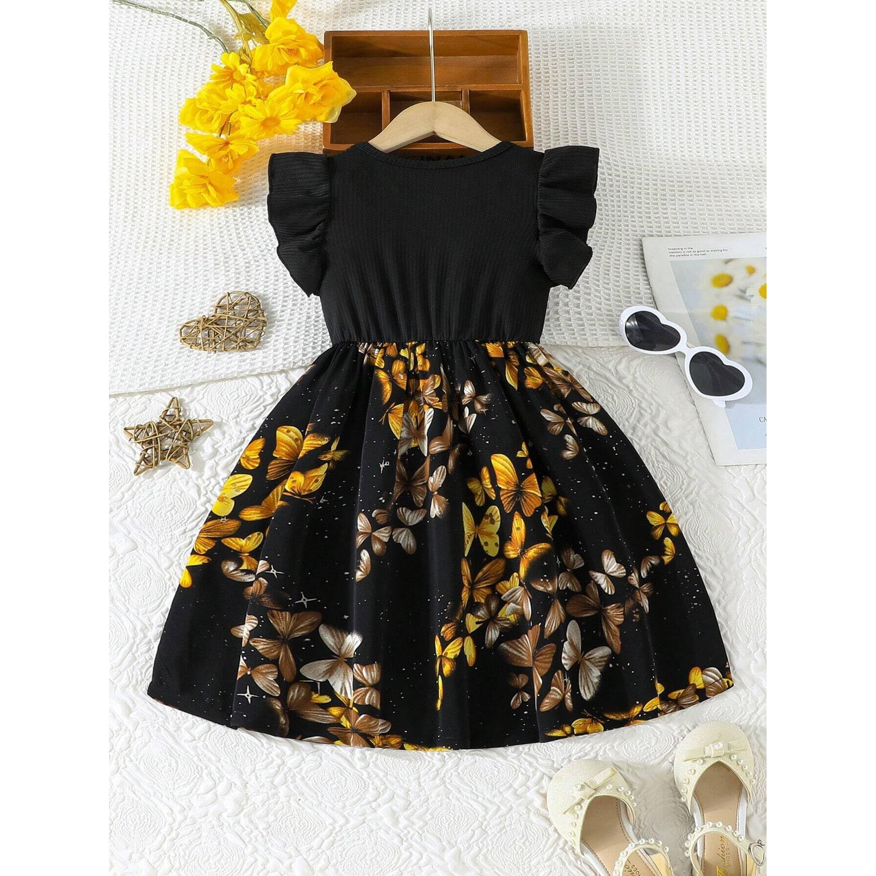 Tagas Girl Summer Casual Dress With Flutter Sleeves, Roses Print || Girls Dress || Party Dress For Girls ||Fency Dress||(Kd-2012)