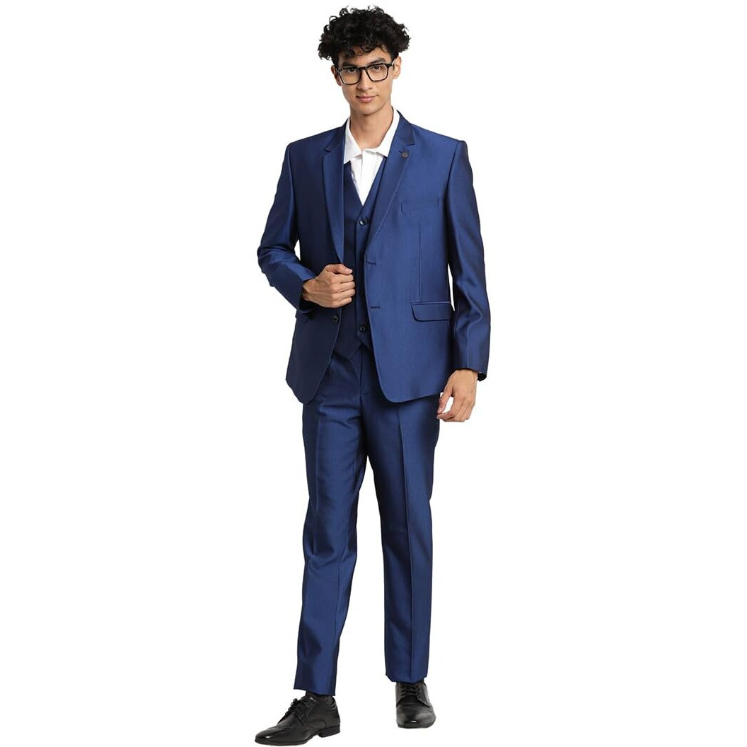 Turtle Men 100% Cotton Dobby Print Full Sleeve Three Piece Blue Party Suit