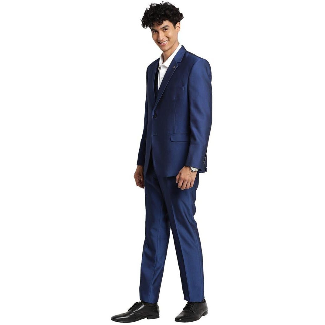 Turtle Men 100% Cotton Dobby Print Full Sleeve Three Piece Blue Party Suit