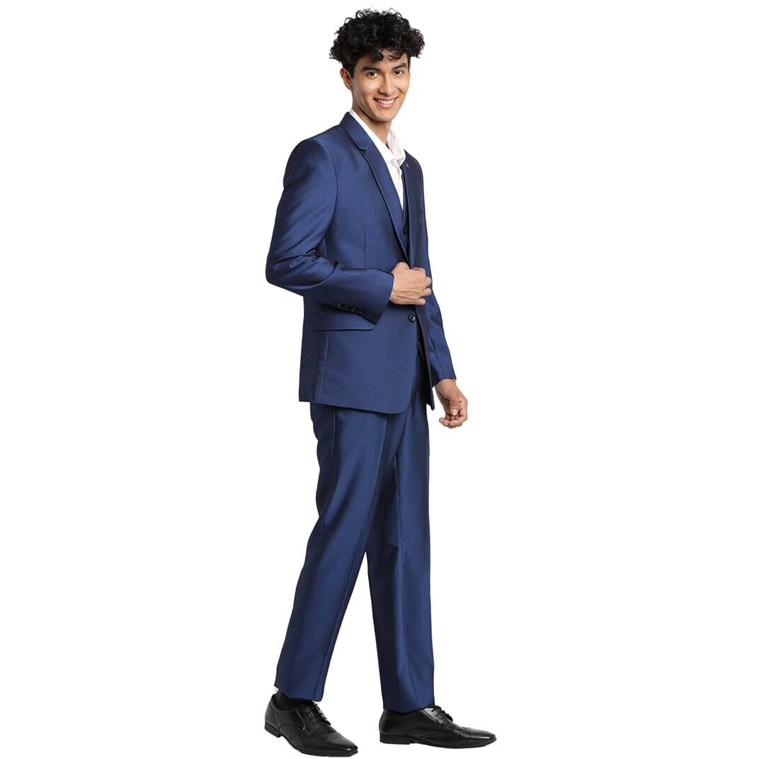 Turtle Men 100% Cotton Dobby Print Full Sleeve Three Piece Blue Party Suit