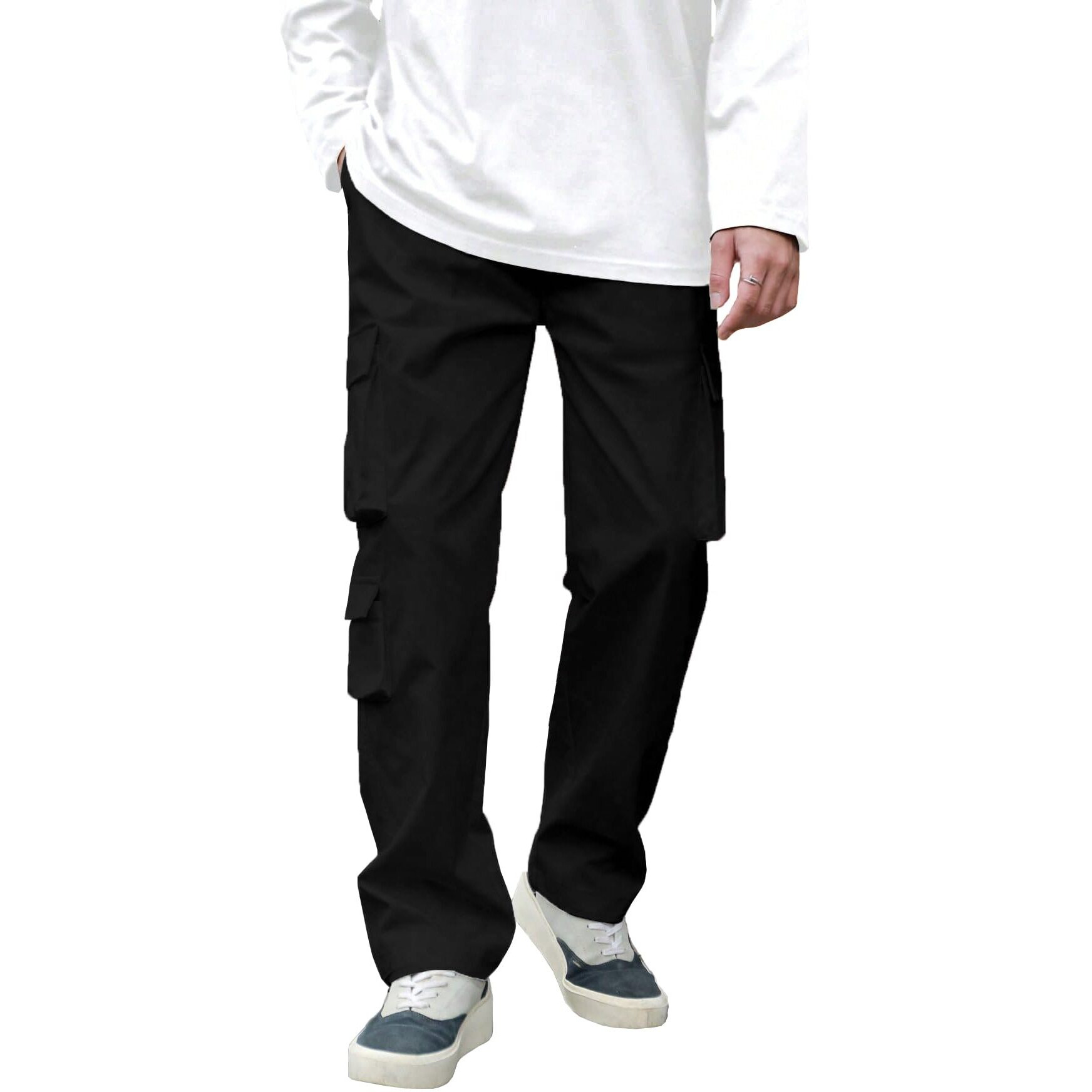 Tagdo Men Flap Pocket Side Cargo Trouser (Baggy-Cargo-2032-Black-30)