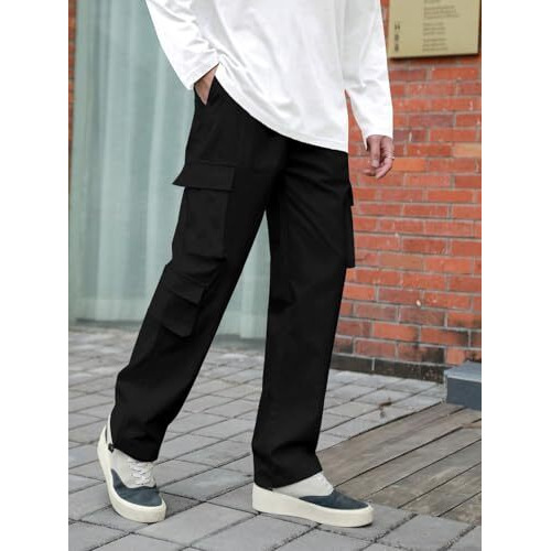 Tagdo Men Flap Pocket Side Cargo Trouser (Baggy-Cargo-2032-Black-30)