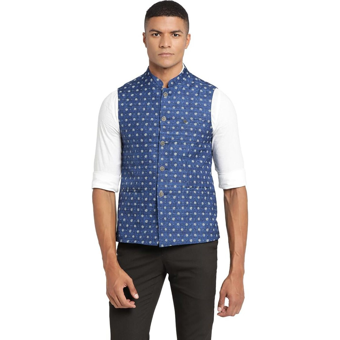 Turtle Men 100% Cotton Blue Dobby Print Formal Nehru Jacket