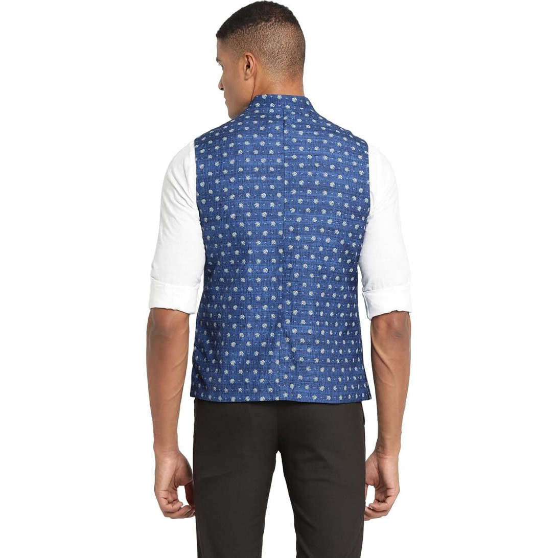Turtle Men 100% Cotton Blue Dobby Print Formal Nehru Jacket