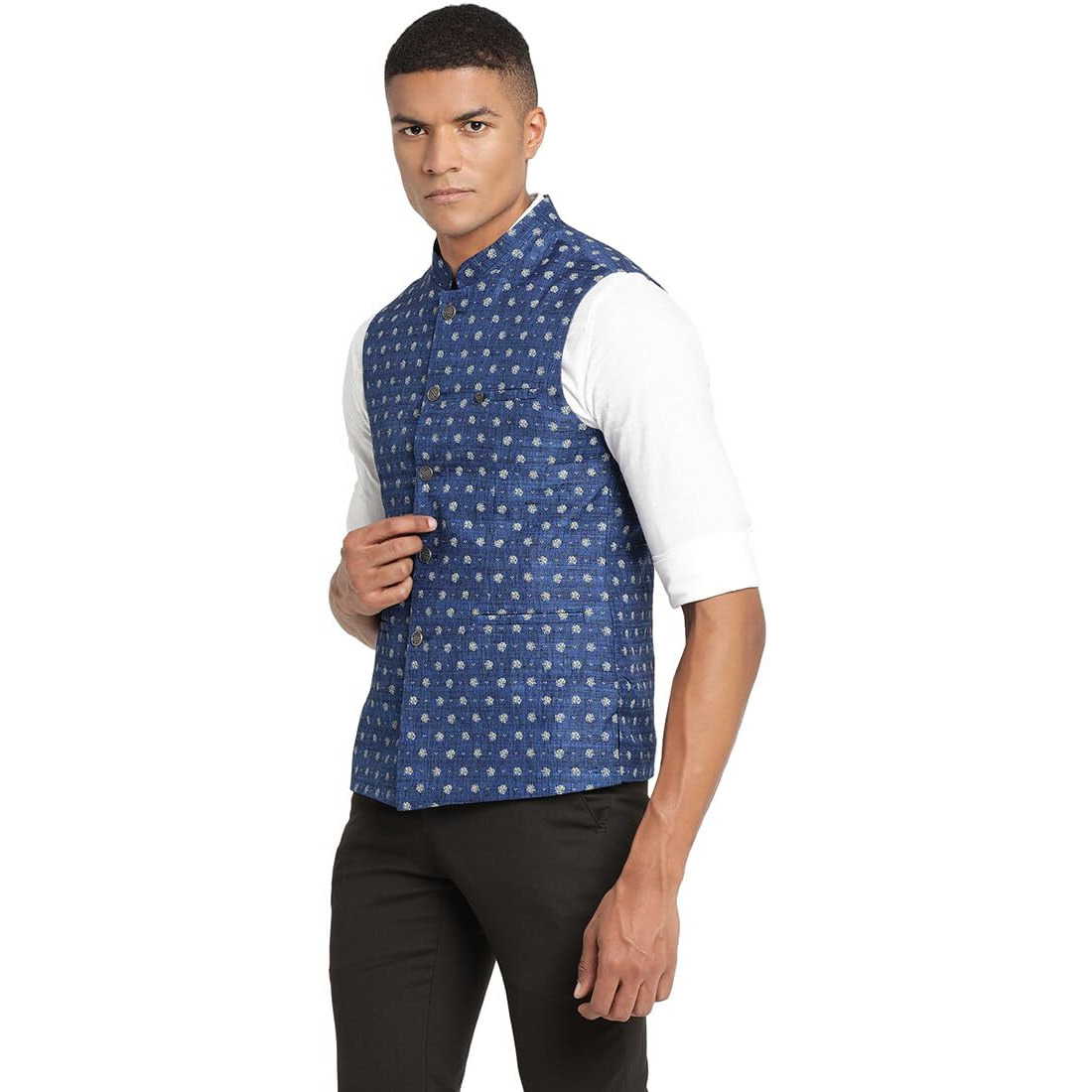 Turtle Men 100% Cotton Blue Dobby Print Formal Nehru Jacket