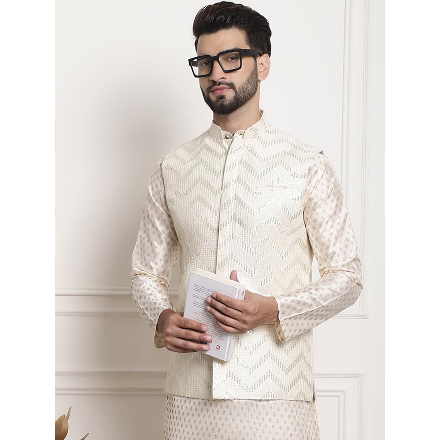 Sojanya (Since 1958 Men's Silk Blend, Gold Sequence Embroidered Cream Color Nehru Jacket