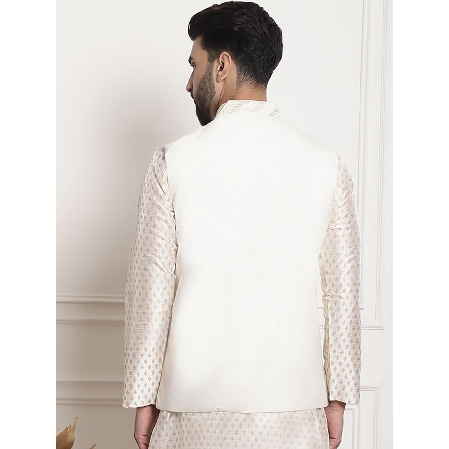 Sojanya (Since 1958 Men's Silk Blend, Gold Sequence Embroidered Cream Color Nehru Jacket