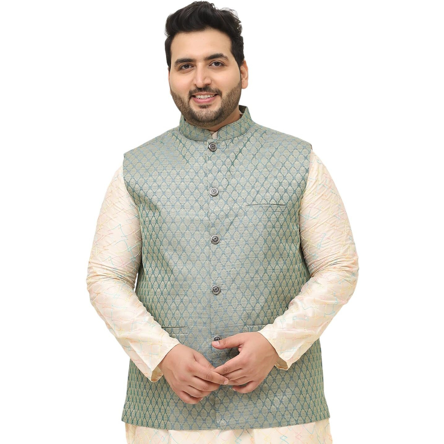 Sojanya Plus (Since 1958) Men's Jacquard Silk Self Design Teal Green Only Nehrujacket