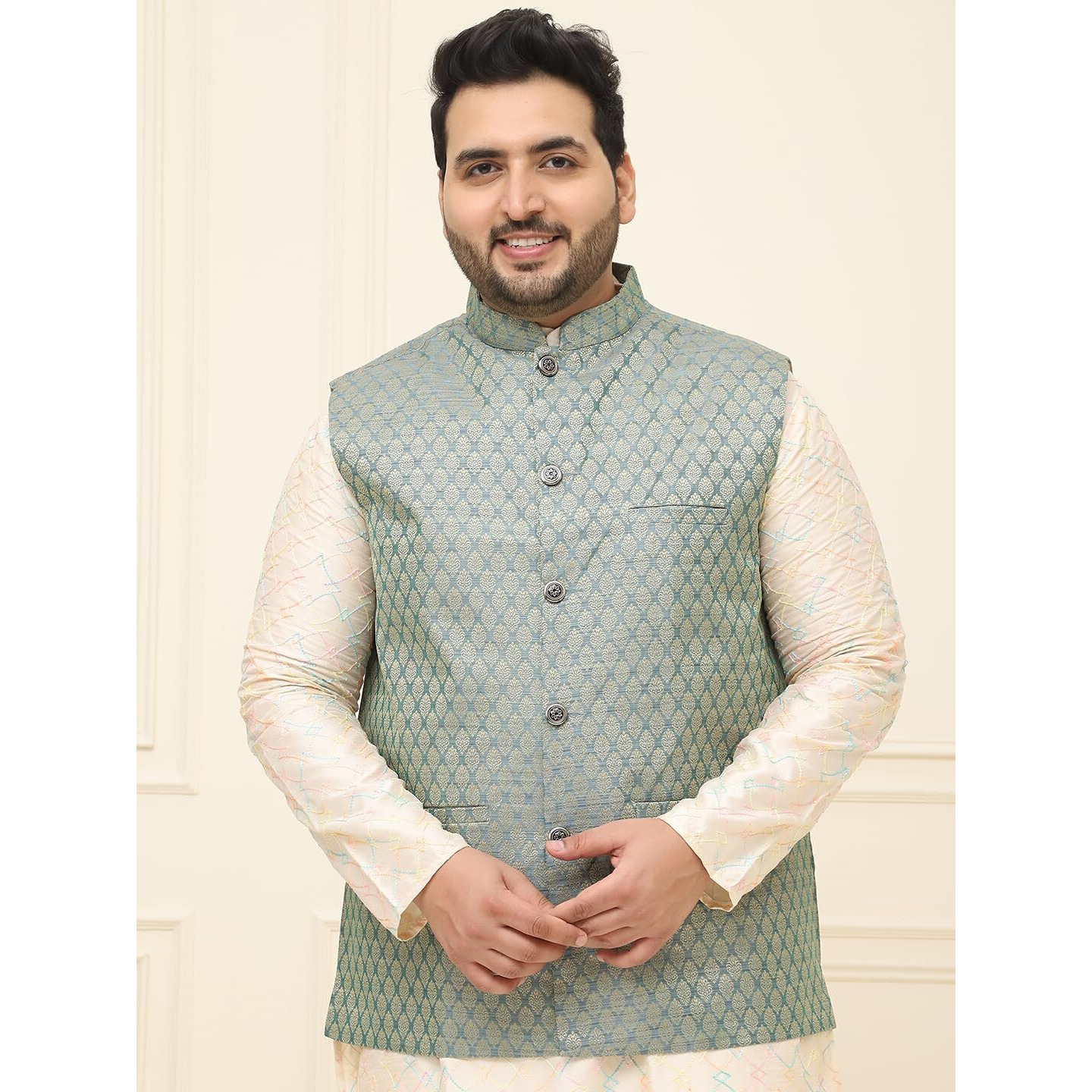Sojanya Plus (Since 1958) Men's Jacquard Silk Self Design Teal Green Only Nehrujacket