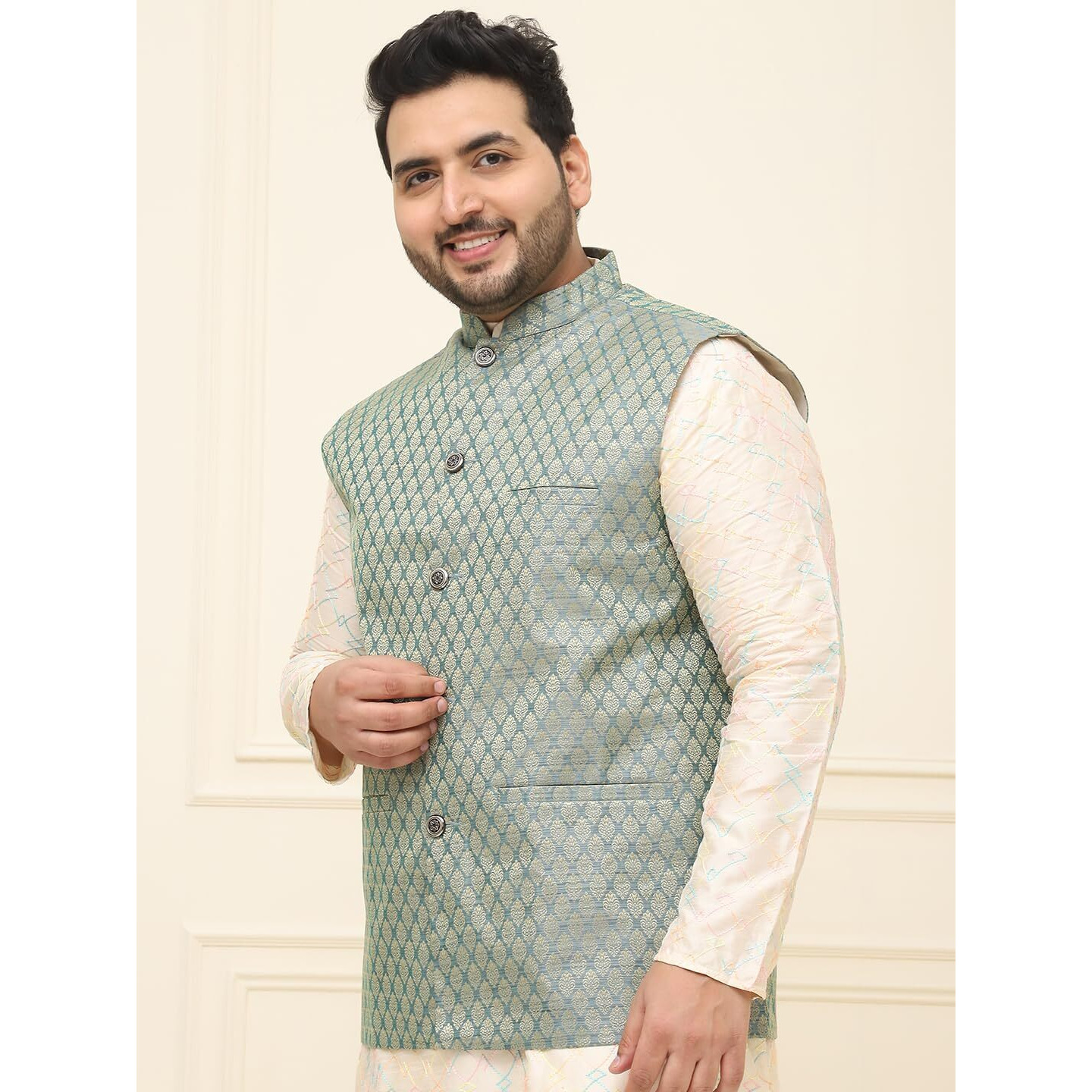 Sojanya Plus (Since 1958) Men's Jacquard Silk Self Design Teal Green Only Nehrujacket