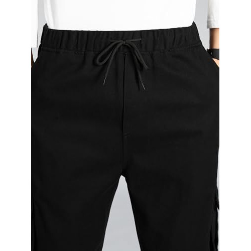 Tagdo Men Flap Pocket Drawstring Waist Trousers (Cargo-2030-Black-36)
