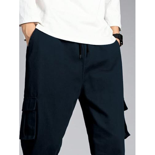 Tagdo Men Flap Pocket Drawstring Waist Trousers (Cargo-2030-Navy-36)