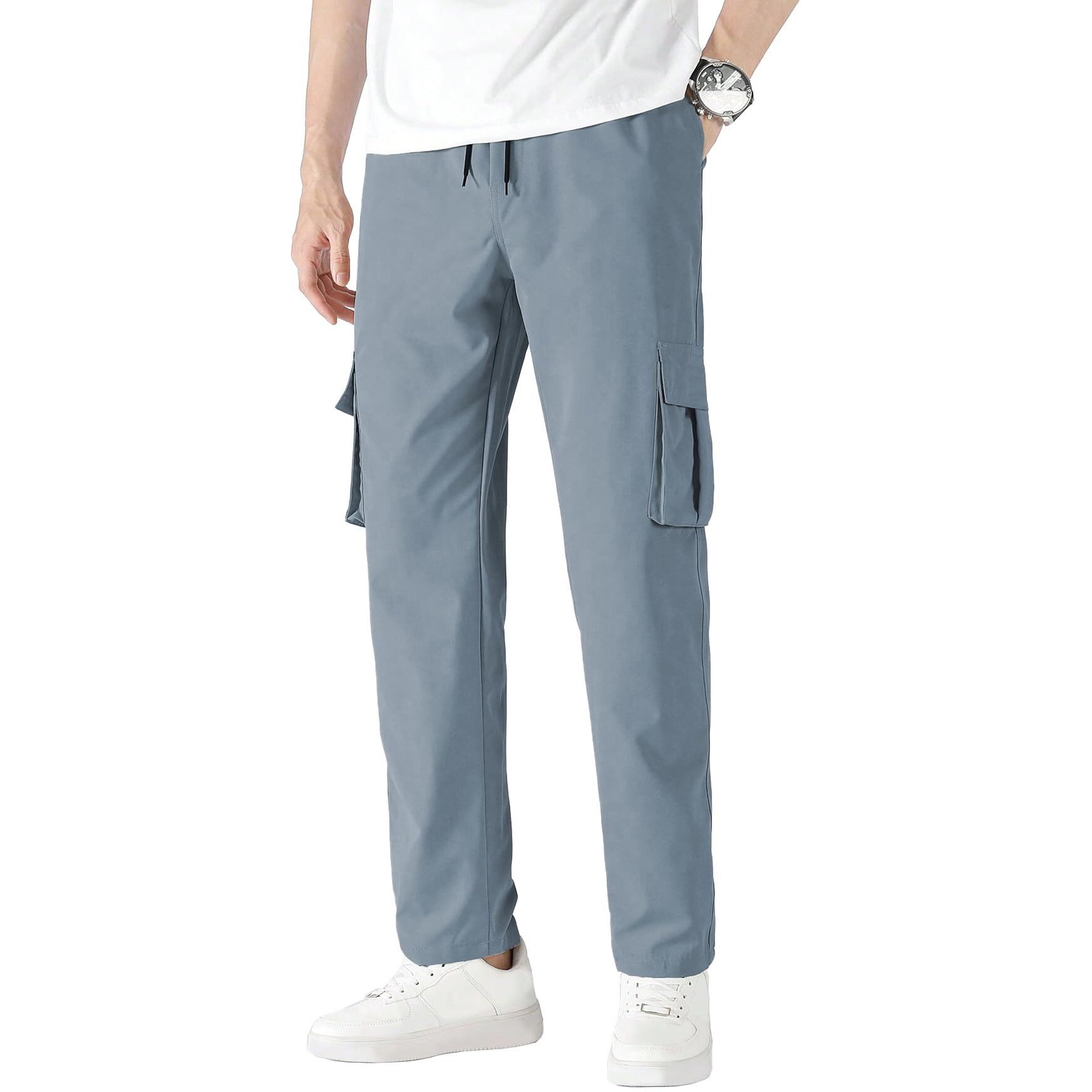 Tagdo Men Flap Pocket Drawstring Waist Trousers (Cargo-2030-Silver-34)