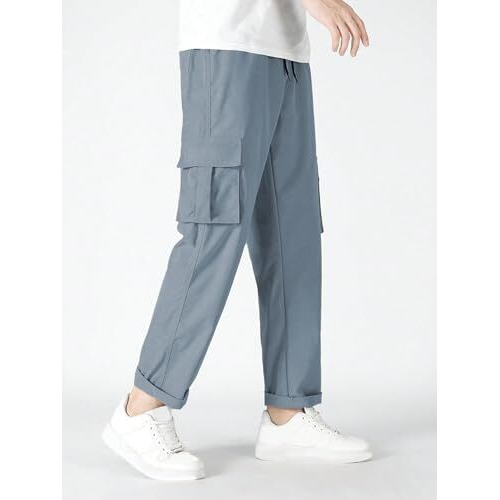 Tagdo Men Flap Pocket Drawstring Waist Trousers (Cargo-2030-Silver-34)