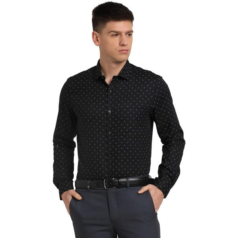Turtle Men 100% Cotton Black Printed Slim Fit Full Sleeve Formal Shirt