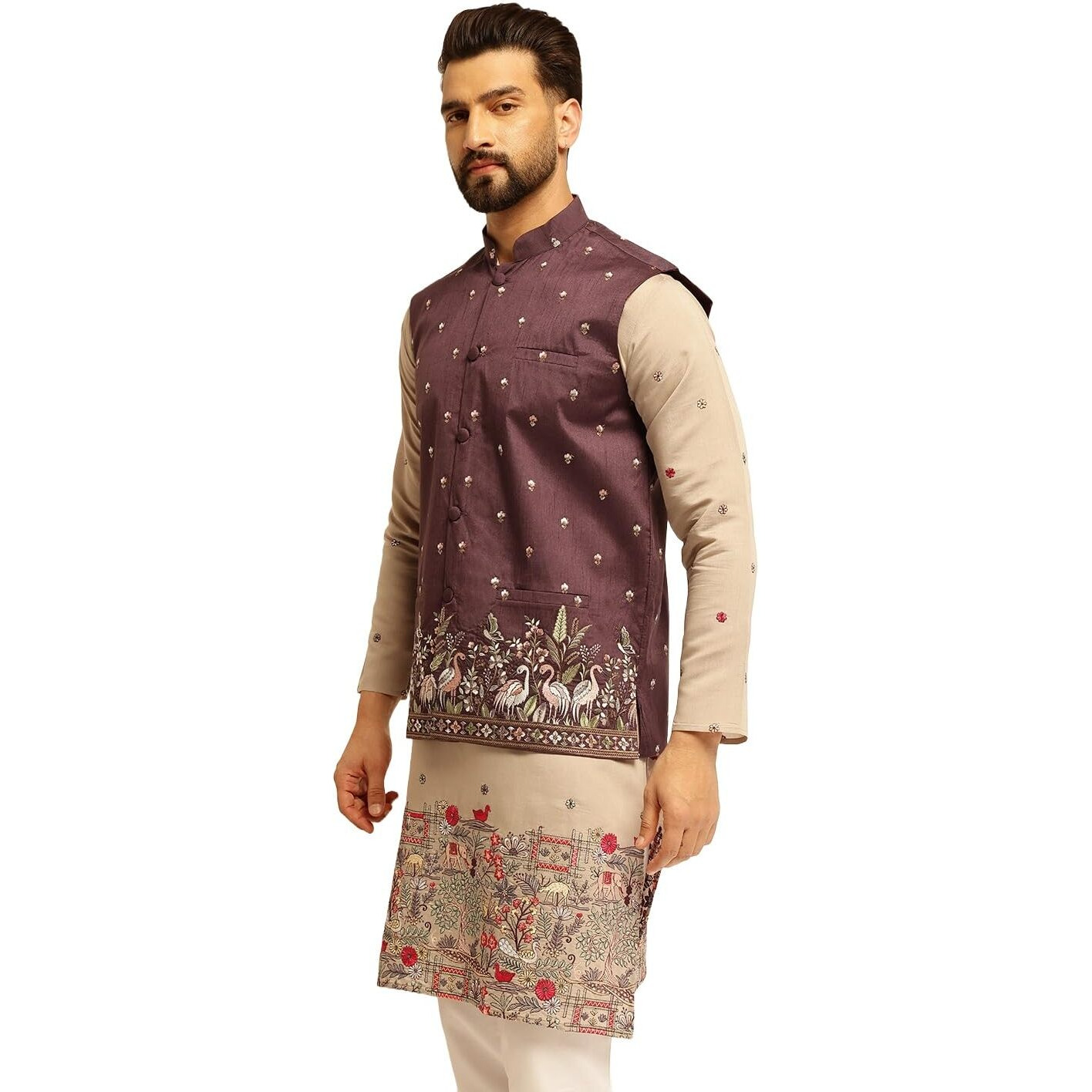 Sojanya (Since 1958 Men's Silk Blend Exquisite Daman Embroidered Wine Nehru Jacket